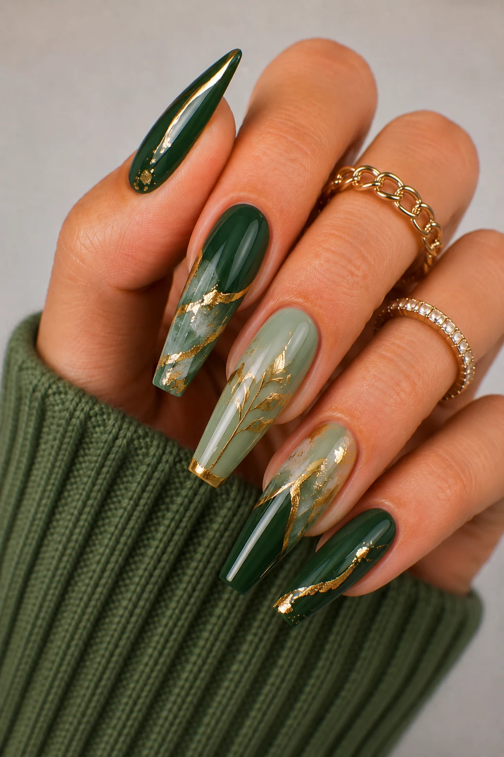 Nail Ideas Green And Gold β coffin nail ideas green style outfit, worn by a stylish woman