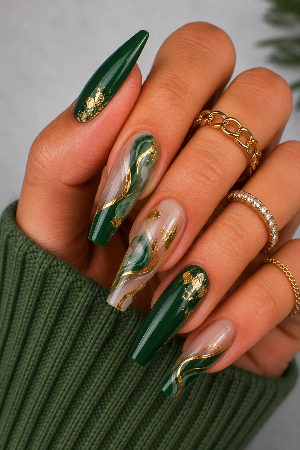 Nail Ideas Green And Gold β coffin nail ideas green style outfit, worn by a stylish woman