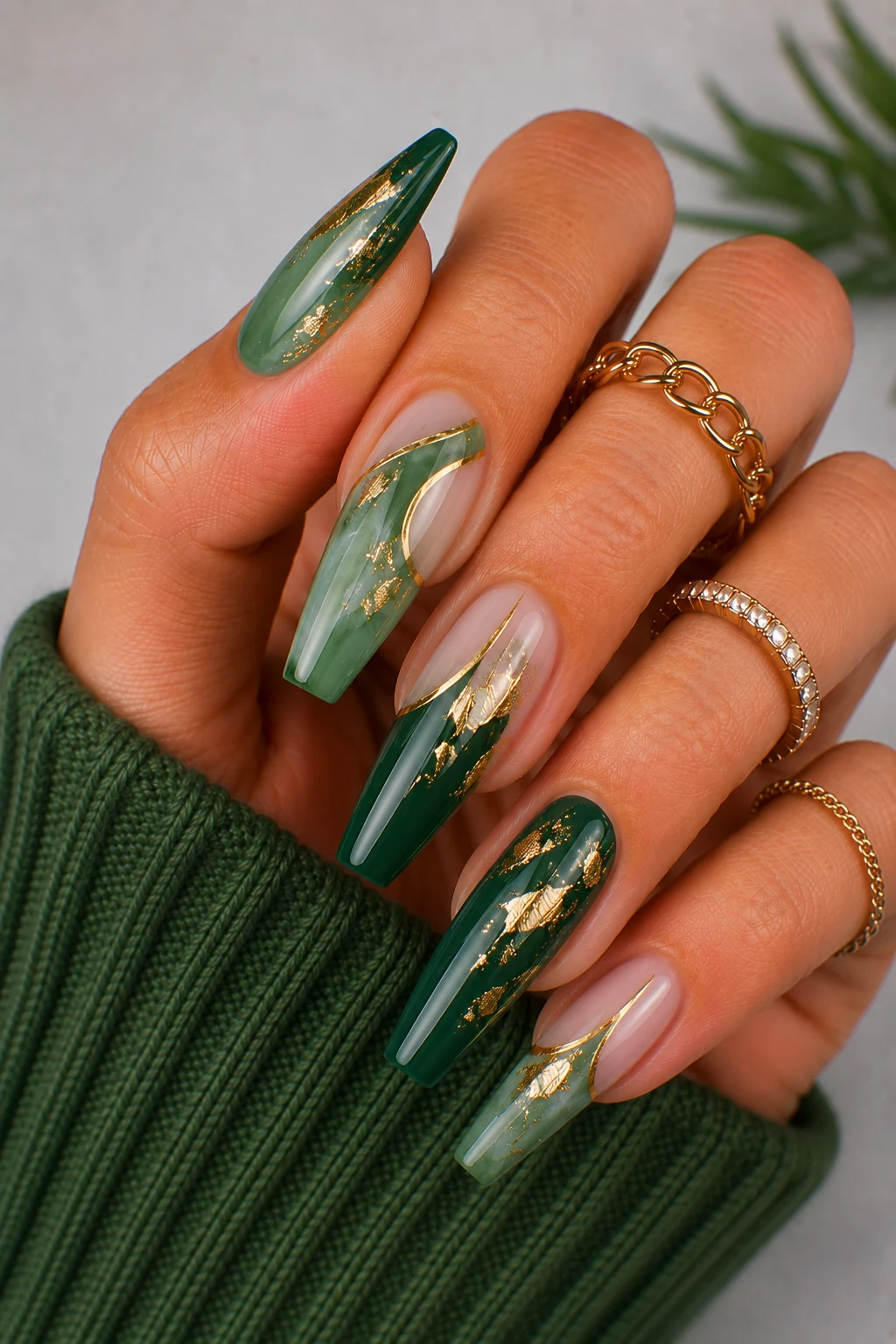 Nail Ideas Green And Gold β coffin nail ideas green style outfit, worn by a stylish woman