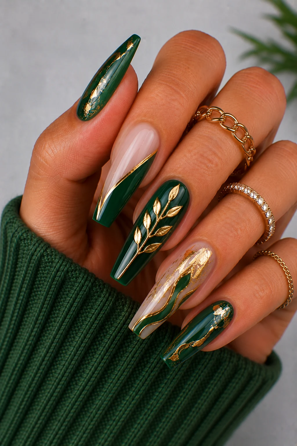 Nail Ideas Green And Gold β coffin nail ideas green style outfit, worn by a stylish woman