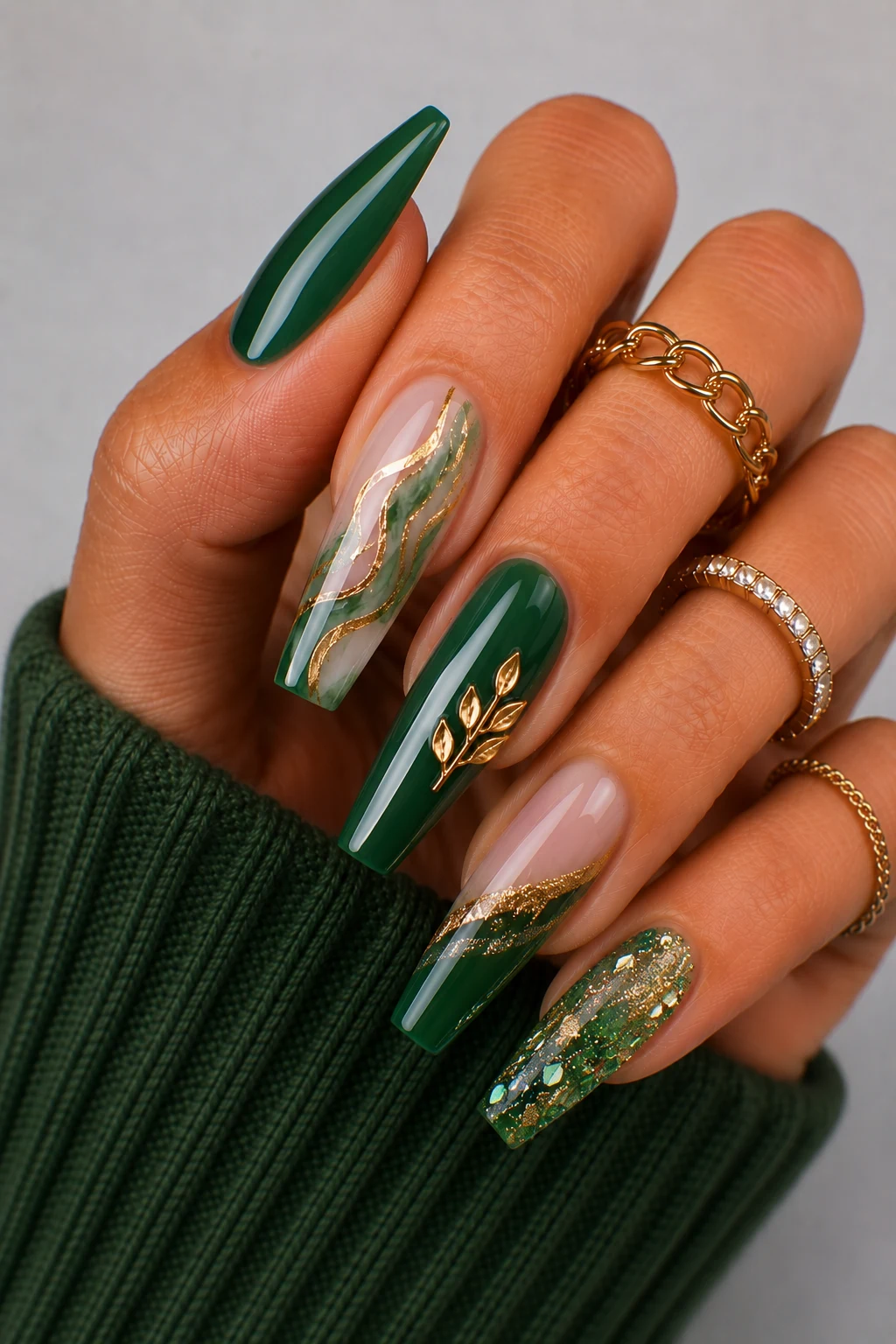 Green Nail Art Ideas β coffin nail ideas green style outfit, worn by a stylish woman