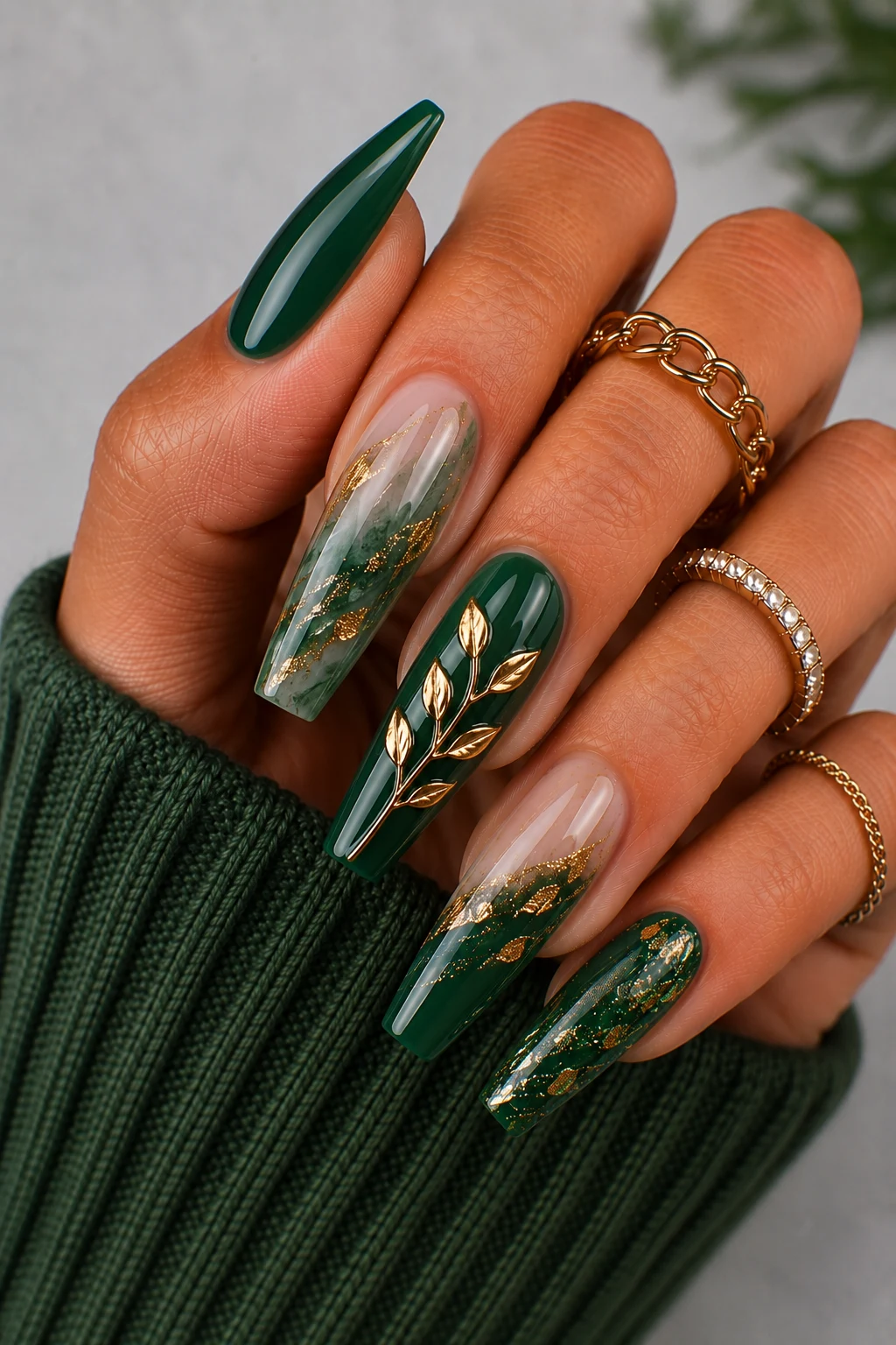 Green Nail Art Ideas β coffin nail ideas green style outfit, worn by a stylish woman