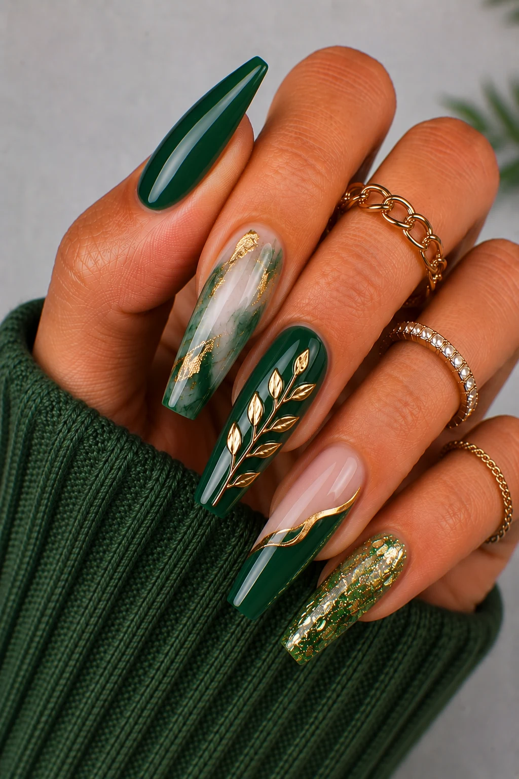 Green Nail Art Ideas β coffin nail ideas green style outfit, worn by a stylish woman