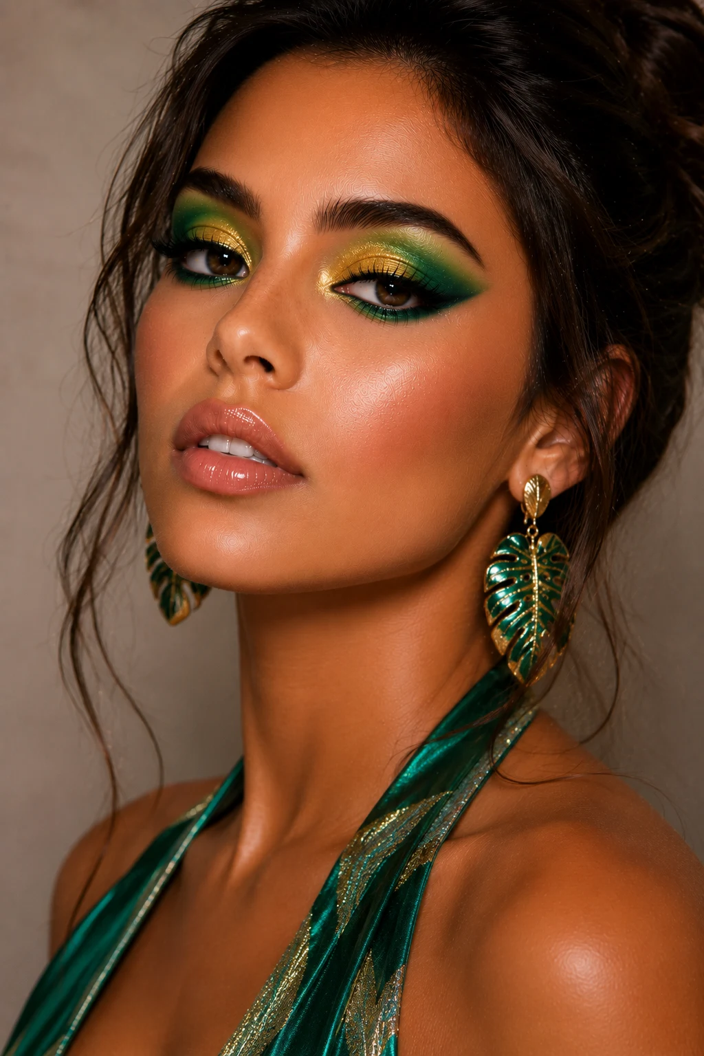 Tropical Green and Gold Colorful Eye Makeup — colorful eye makeup style outfit