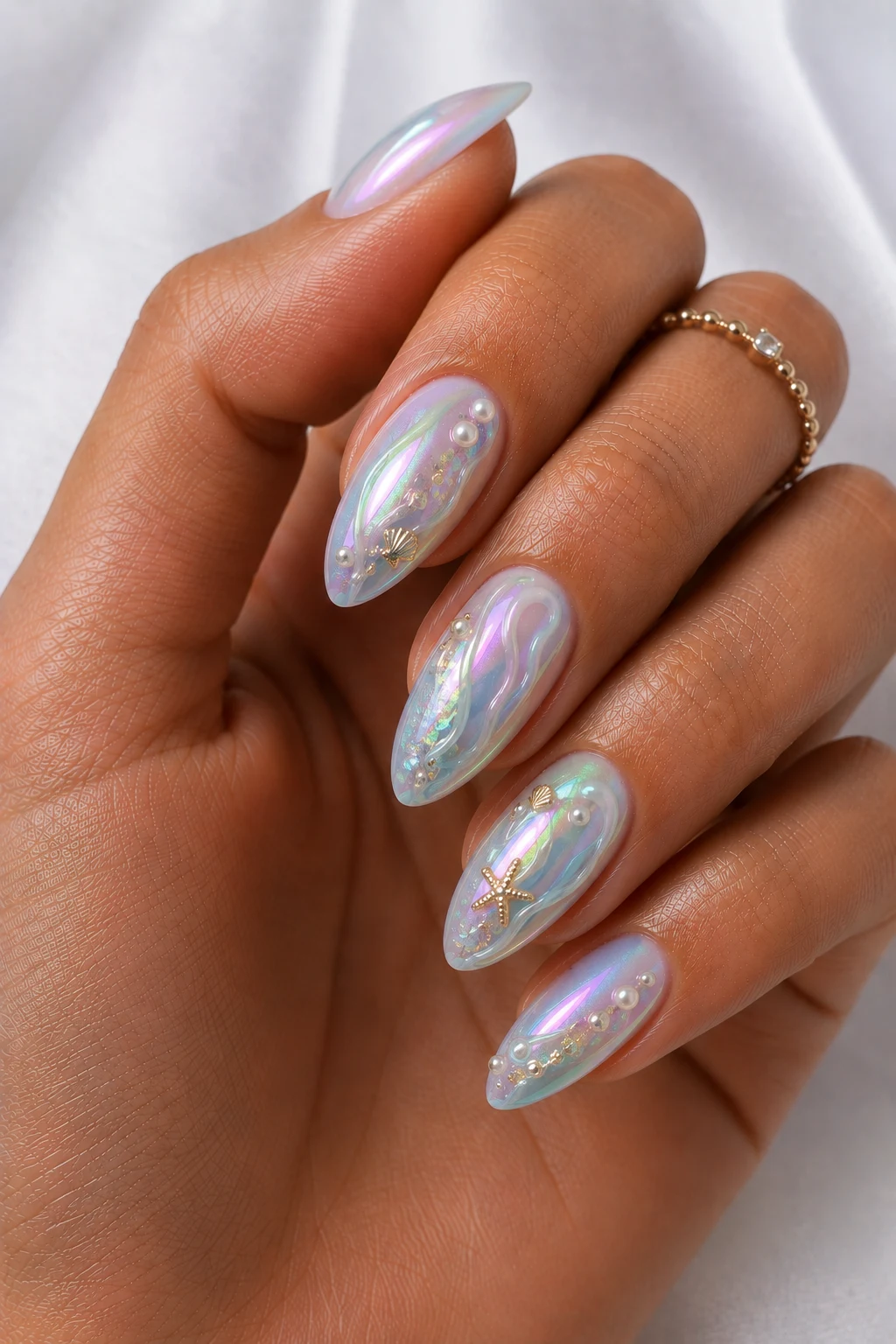 Cool Summer Nails Almond Mermaid Glow — cool summer nails almond style outfit, worn by a stylish woman