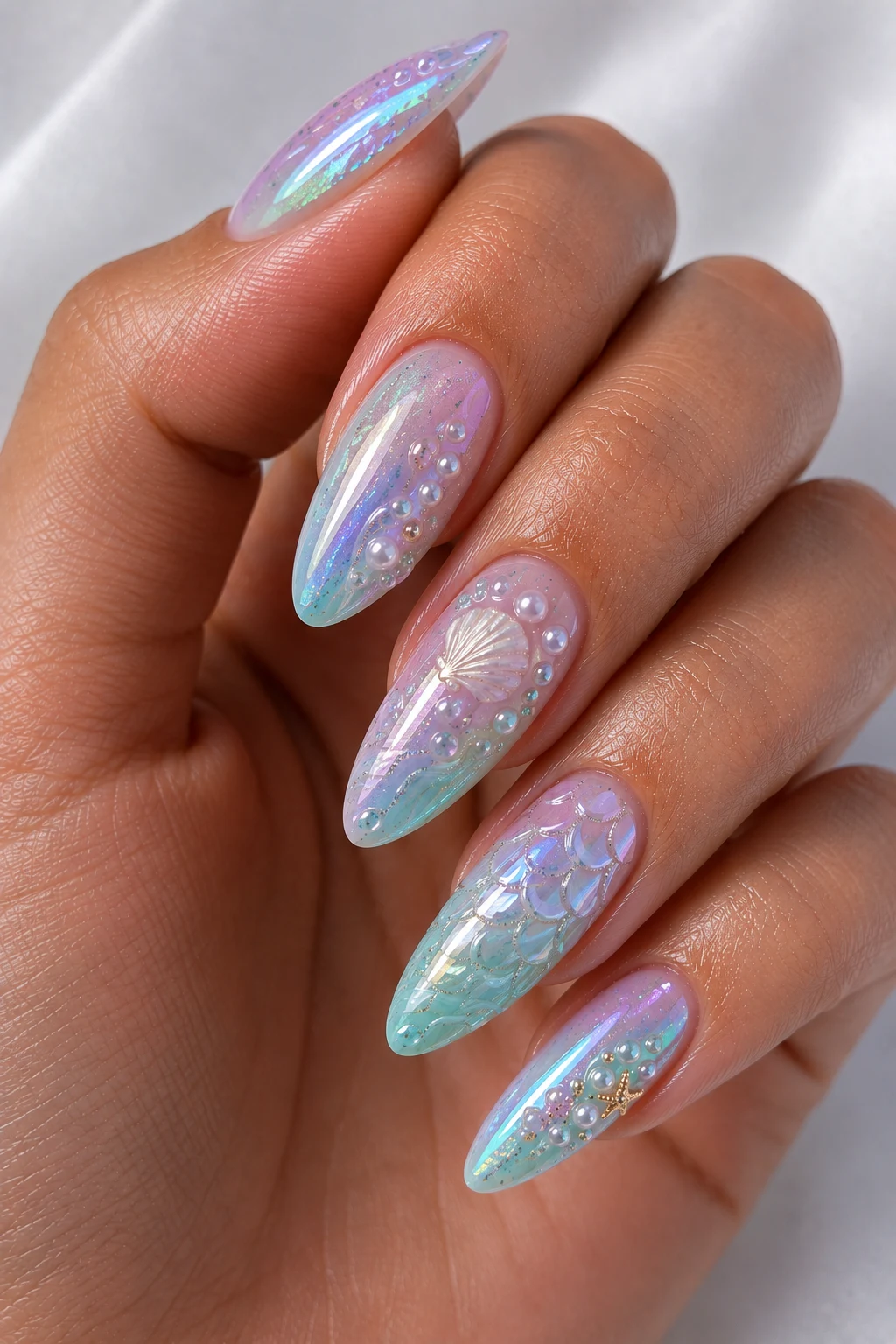 Mermaid Glow Cool Summer Nails Palette — cool summer nails palette style outfit, worn by a stylish woman