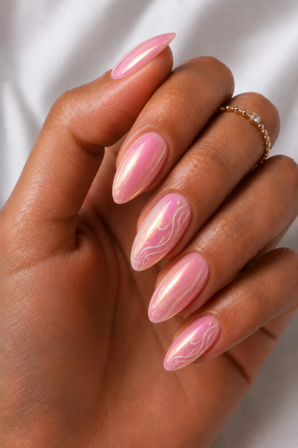 Pink Lemonade Chrome — cool summer nails pink style outfit, worn by a stylish woman