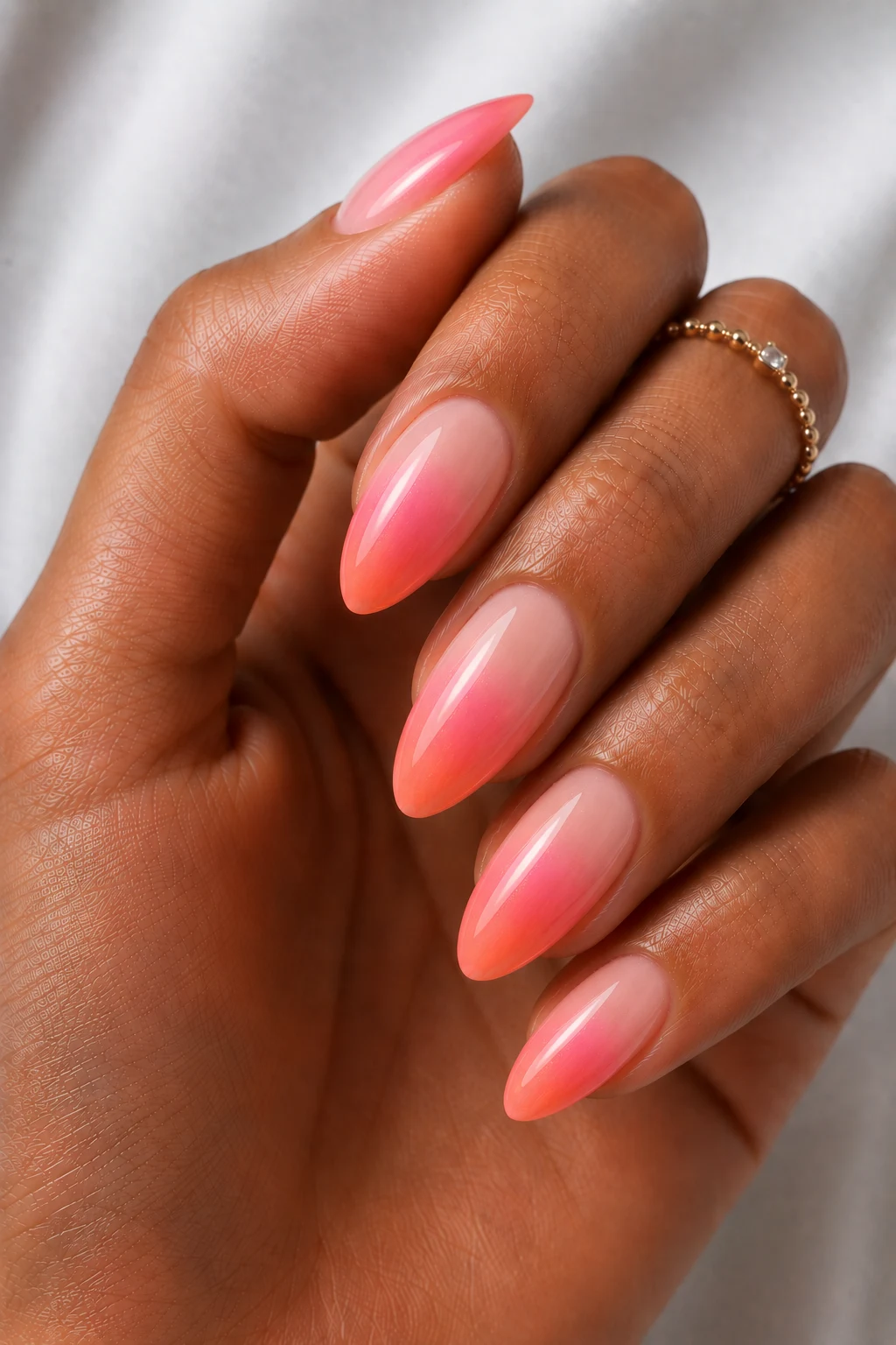 Strawberry Sorbet Ombre — cool summer nails pink style outfit, worn by a stylish woman