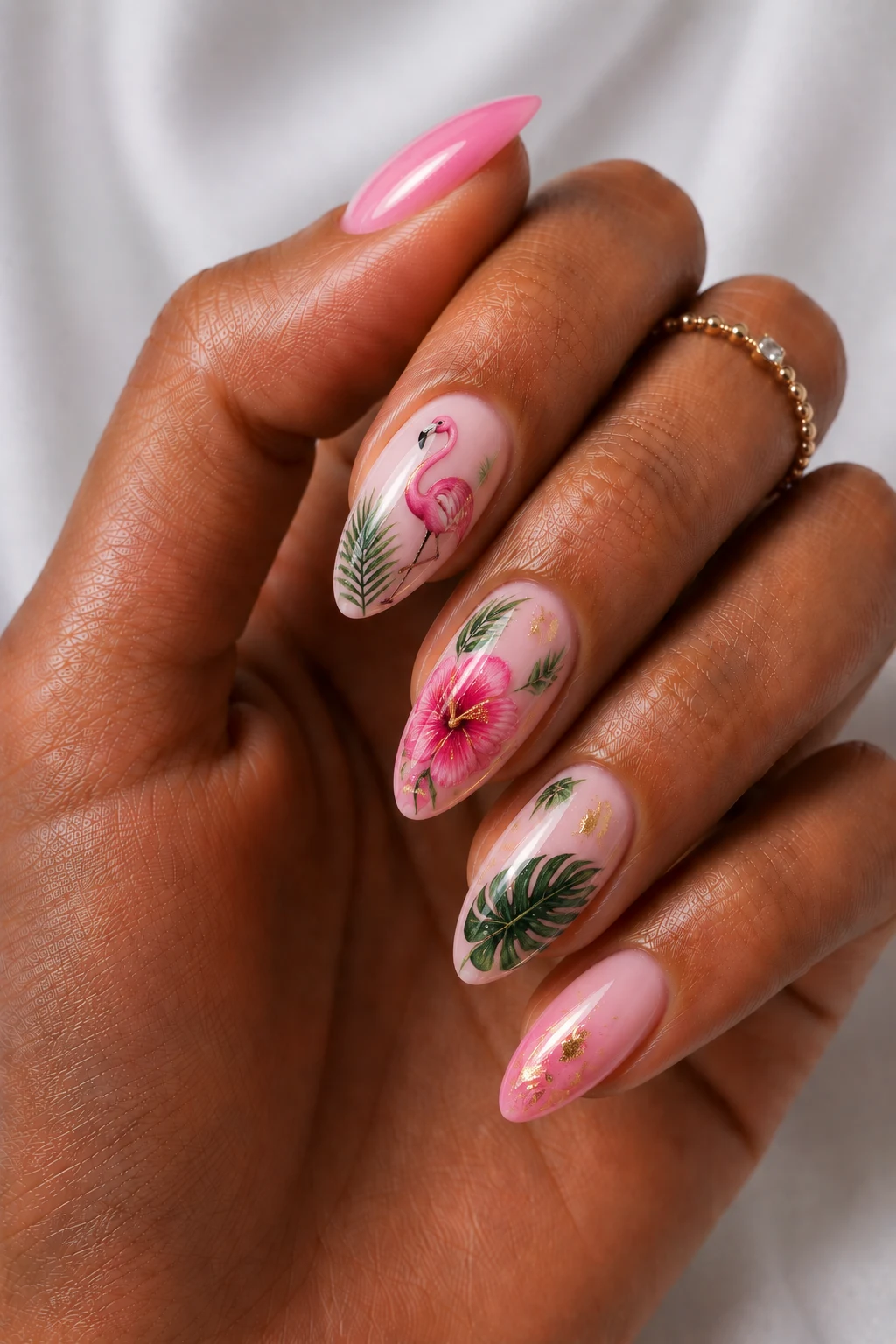 Tropical Flamingo Fantasy — cool summer nails pink style outfit, worn by a stylish woman