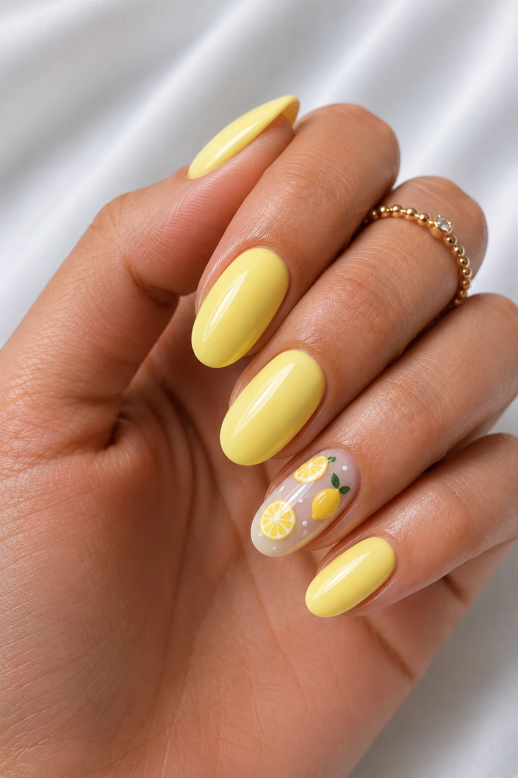Lemon Sorbet Pop — cool summer nails short style outfit, worn by a stylish woman