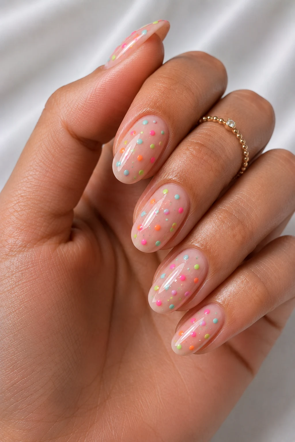 Cool Summer Nails Short With Neon Dots — cool summer nails short style outfit, worn by a stylish woman