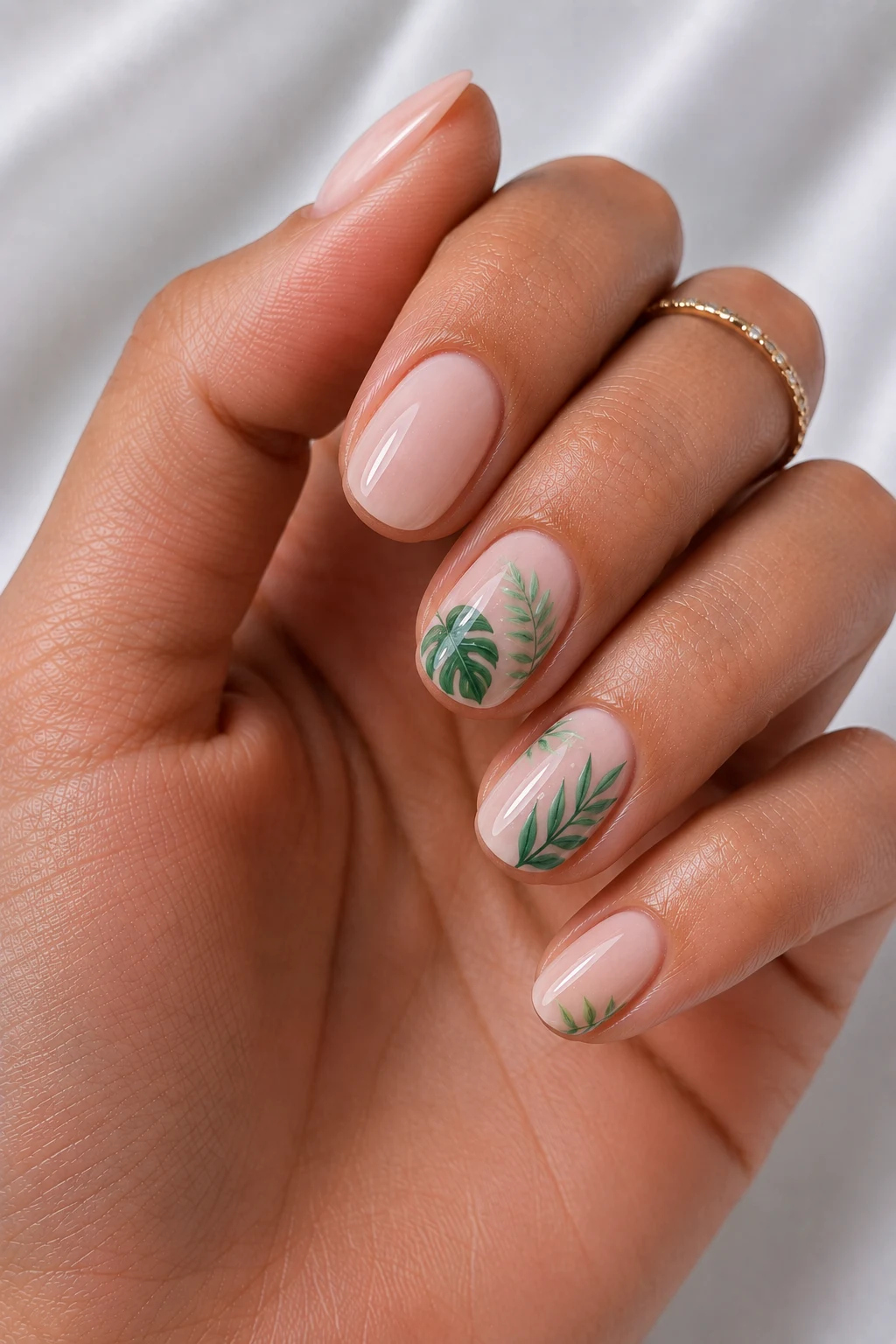 Cool Summer Nails Short Tropical Leaf Art — cool summer nails short style outfit, worn by a stylish woman