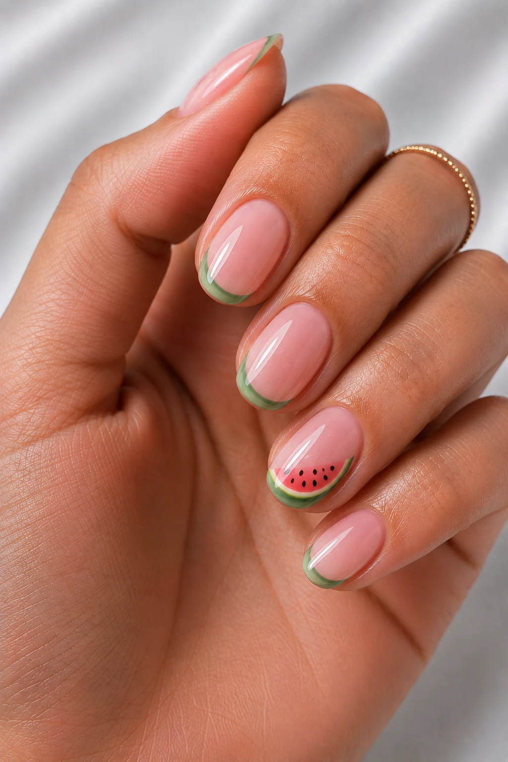 Watermelon Sugar Tips — cool summer nails short style outfit, worn by a stylish woman