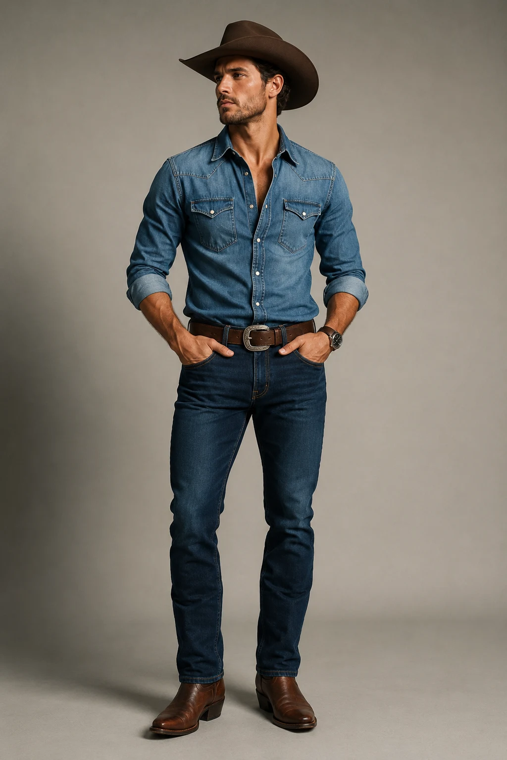 The Classic Blue Denim Cowboy — cowboy outfit for men style outfit, worn by a stylish man