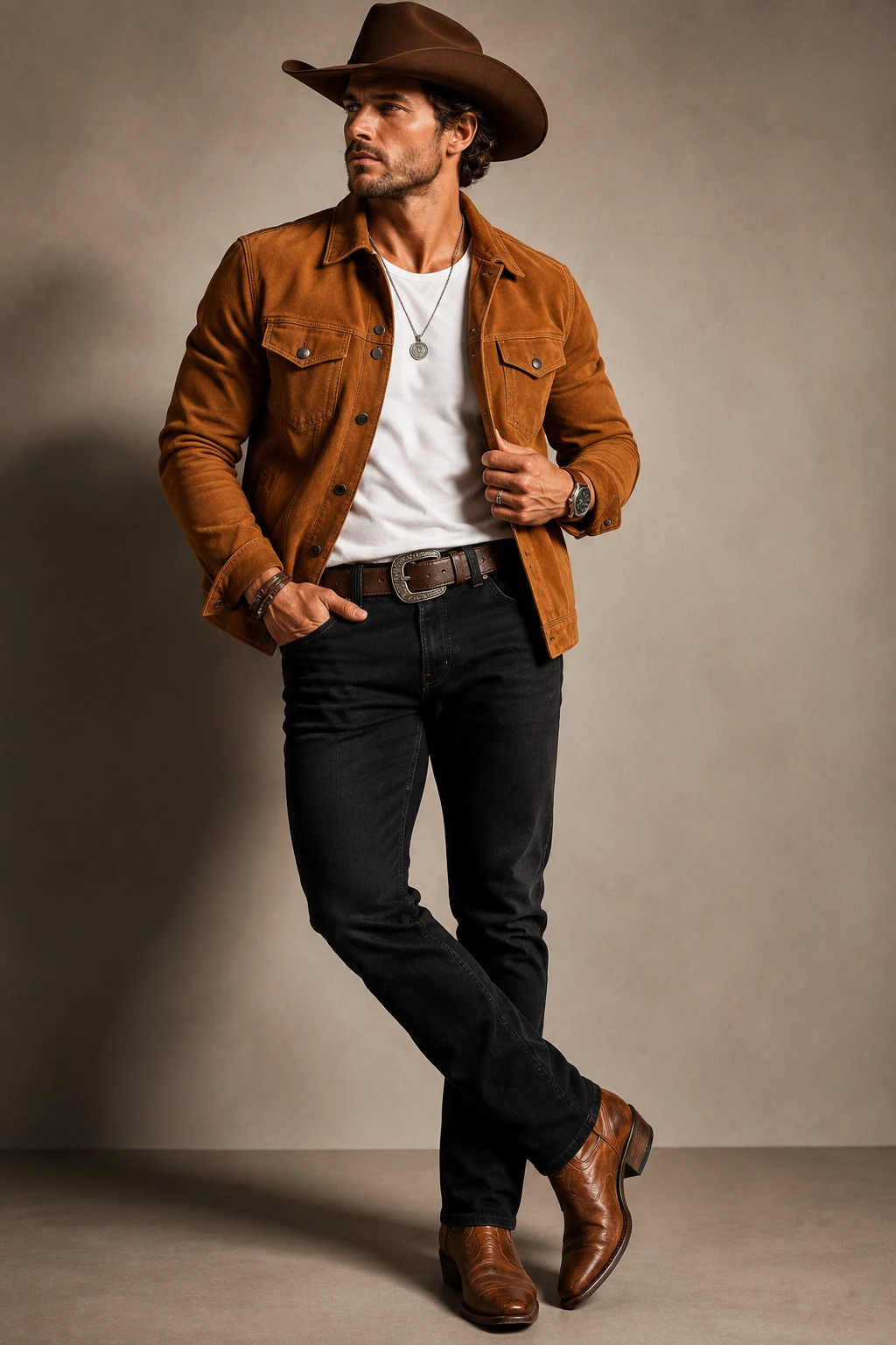 The Suede Jacket That Does All the Talking — cowboy outfit for men style outfit, worn by a stylish man