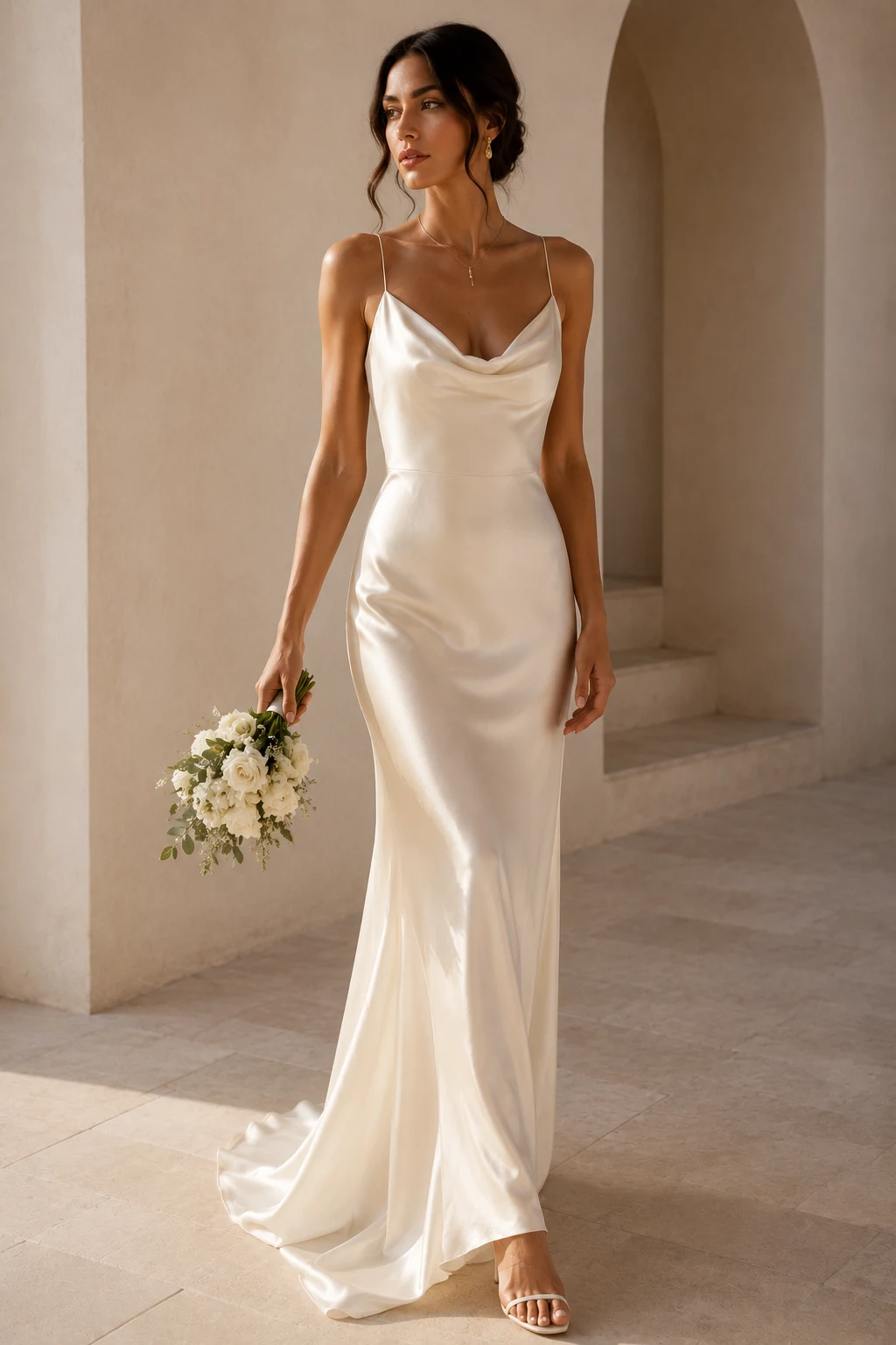 The Satin Slip Dress That Whispers Luxury — cream bridal dresses style outfit, worn by a stylish woman