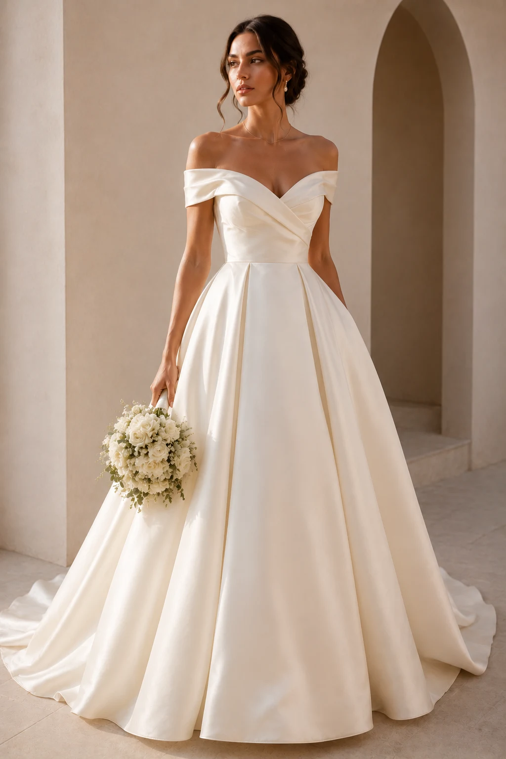 The Off-Shoulder Ball Gown With Main Character Energy — cream bridal dresses style outfit, worn by a stylish woman