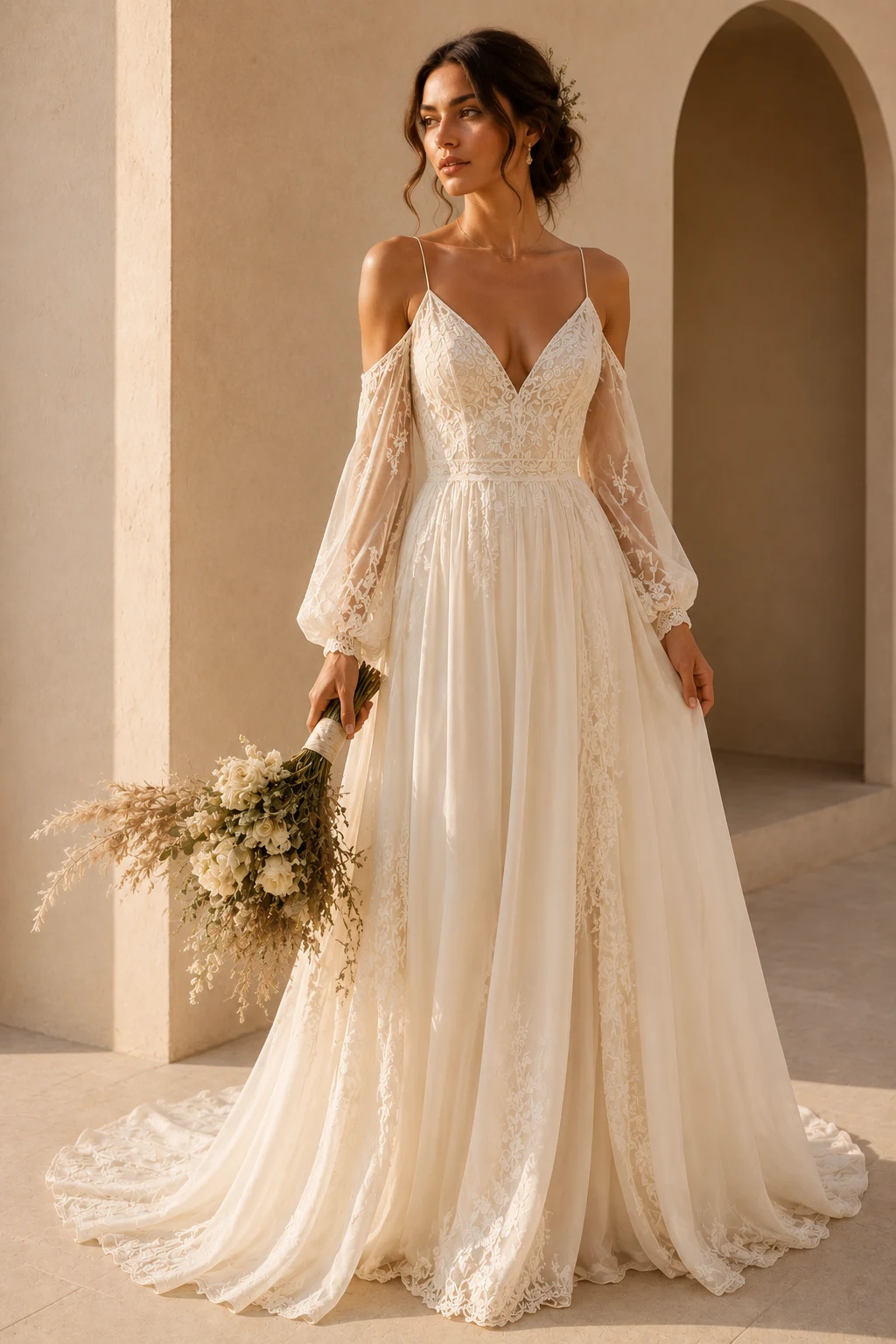 The Boho Cream Bridal Dress Made for Golden Hour — cream bridal dresses style outfit, worn by a stylish woman