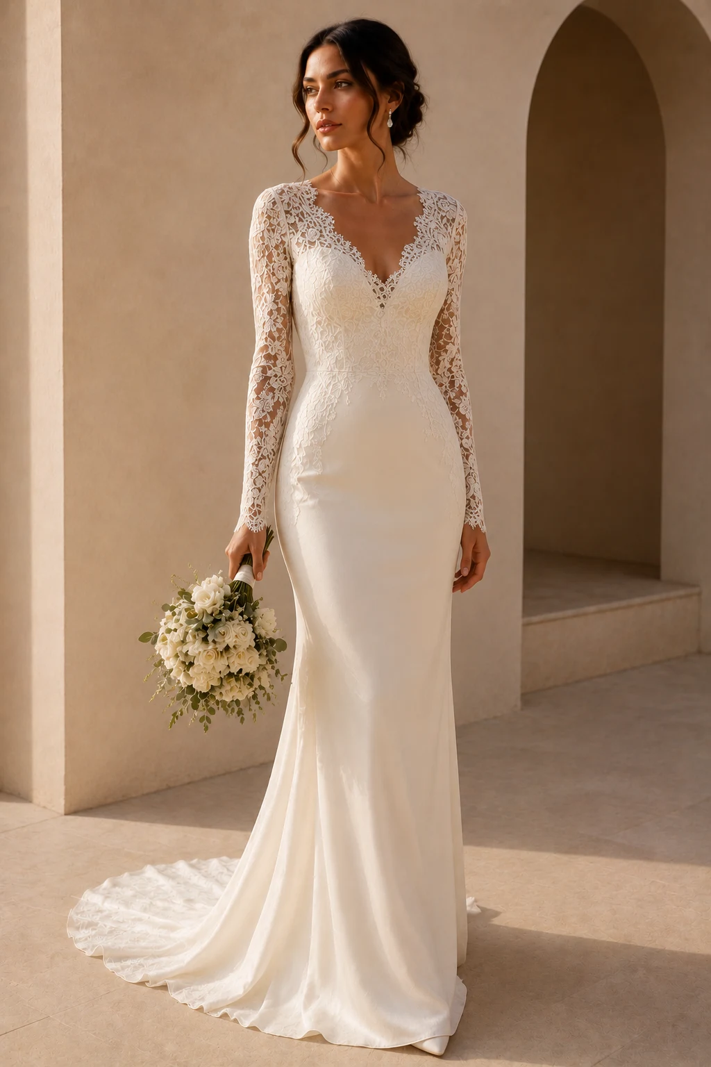 The Long-Sleeve Cream Gown That Feels Royal — cream bridal dresses style outfit, worn by a stylish woman