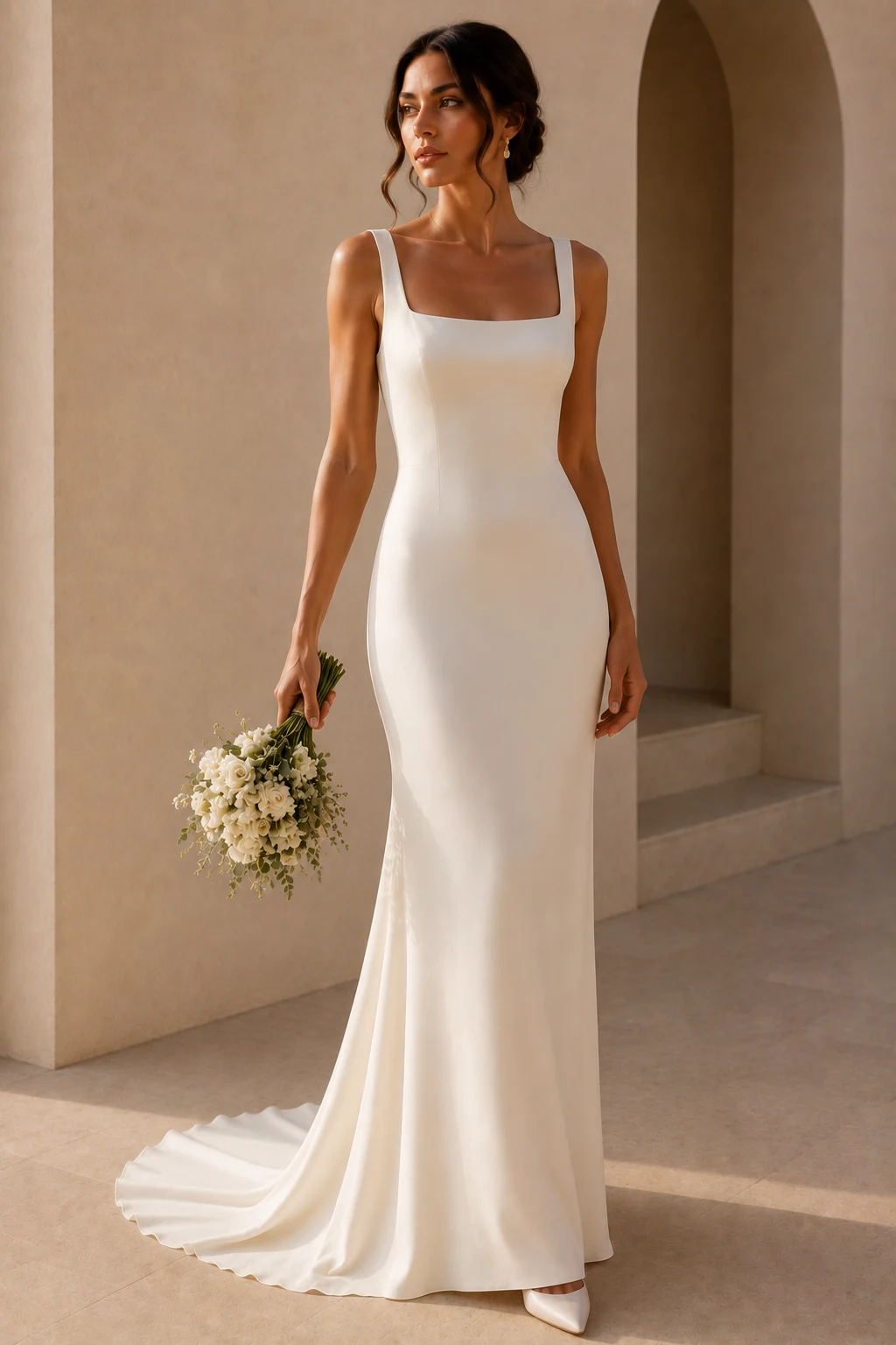 The Minimalist Column Dress for Modern Brides — cream bridal dresses style outfit, worn by a stylish woman