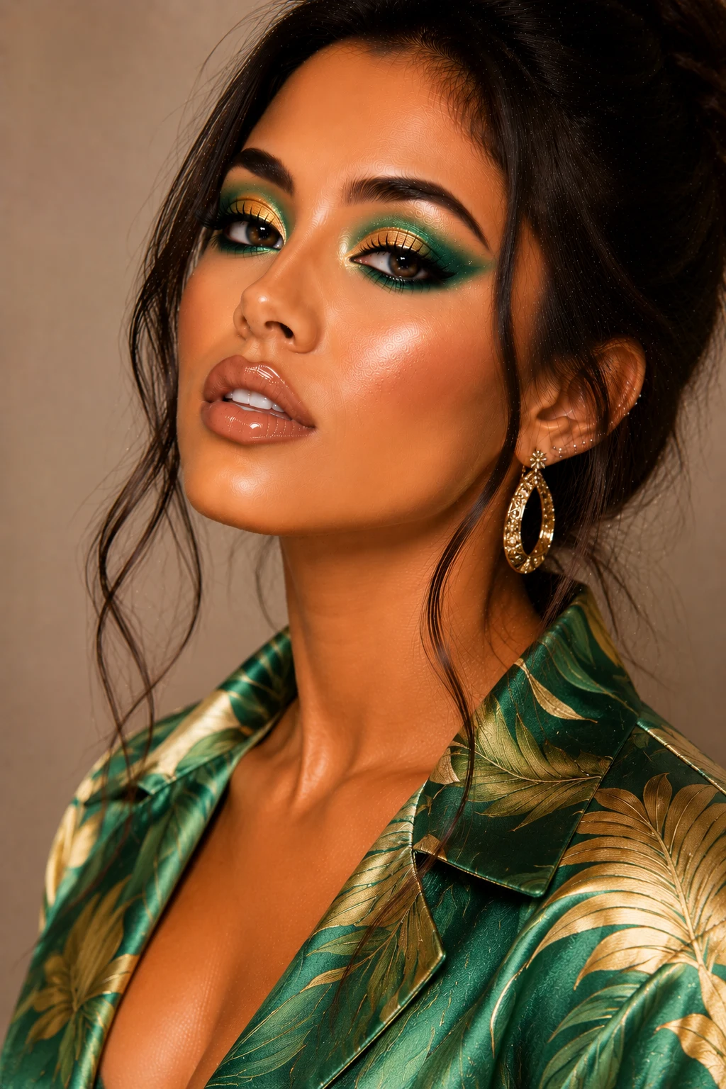 Tropical Green and Gold Paradise — creative makeup looks colorful style outfit