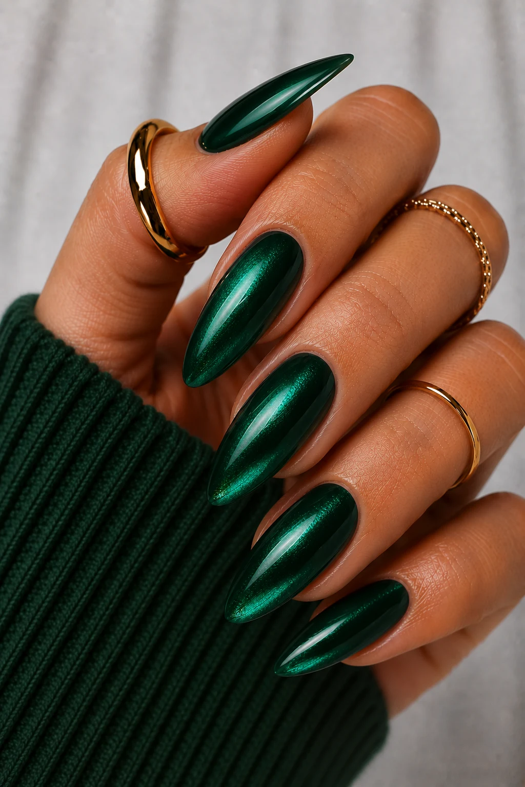 Emerald Velvet Elegance — dark green nail ideas style outfit, worn by a stylish woman