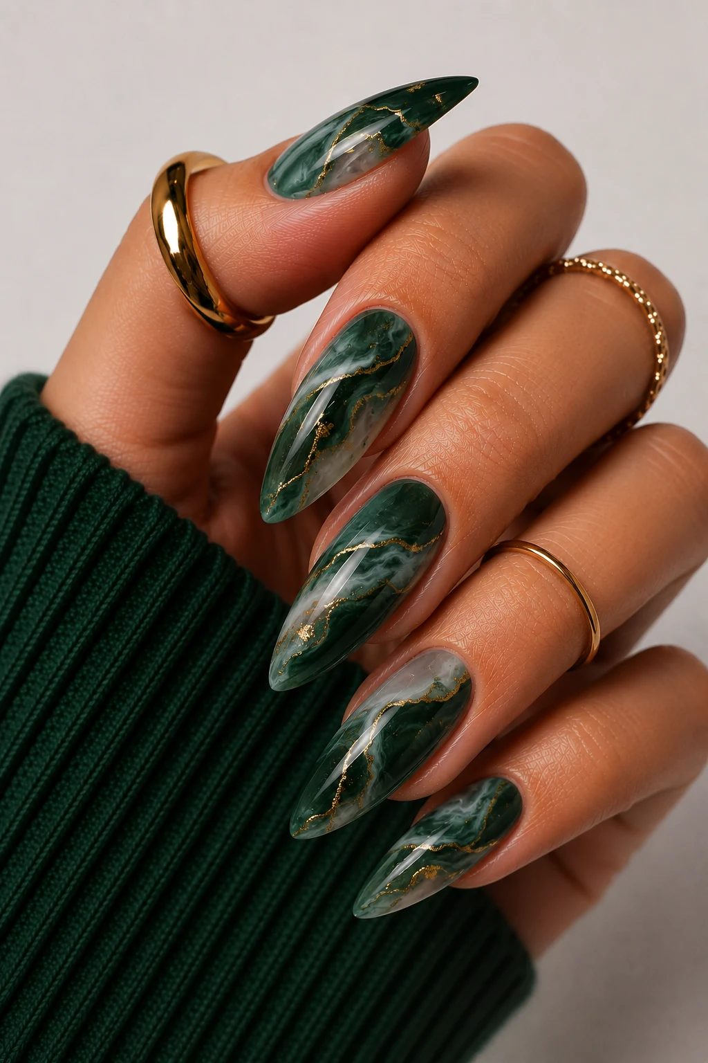 Modern Dark Green French Tips — dark green nail ideas style outfit, worn by a stylish woman
