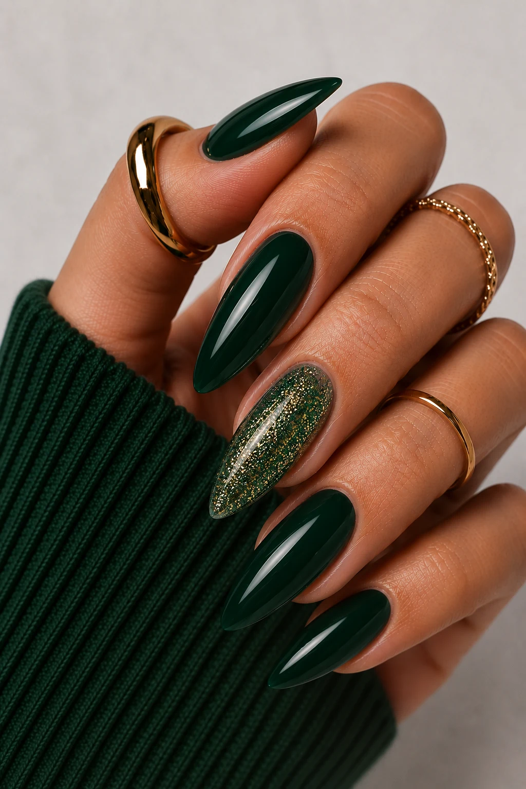 Dark Green Marble Magic — dark green nail ideas style outfit, worn by a stylish woman