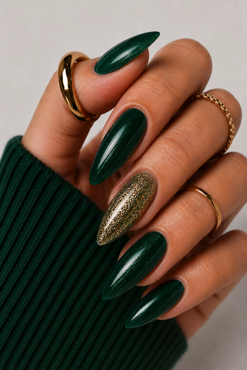 Dark Green Nail Ideas With Glitter Glam — dark green nail ideas style outfit, worn by a stylish woman