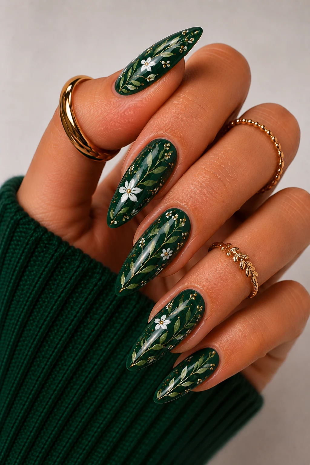 Botanical Emerald Green Nail Ideas — emerald green nail ideas style outfit, worn by a stylish woman