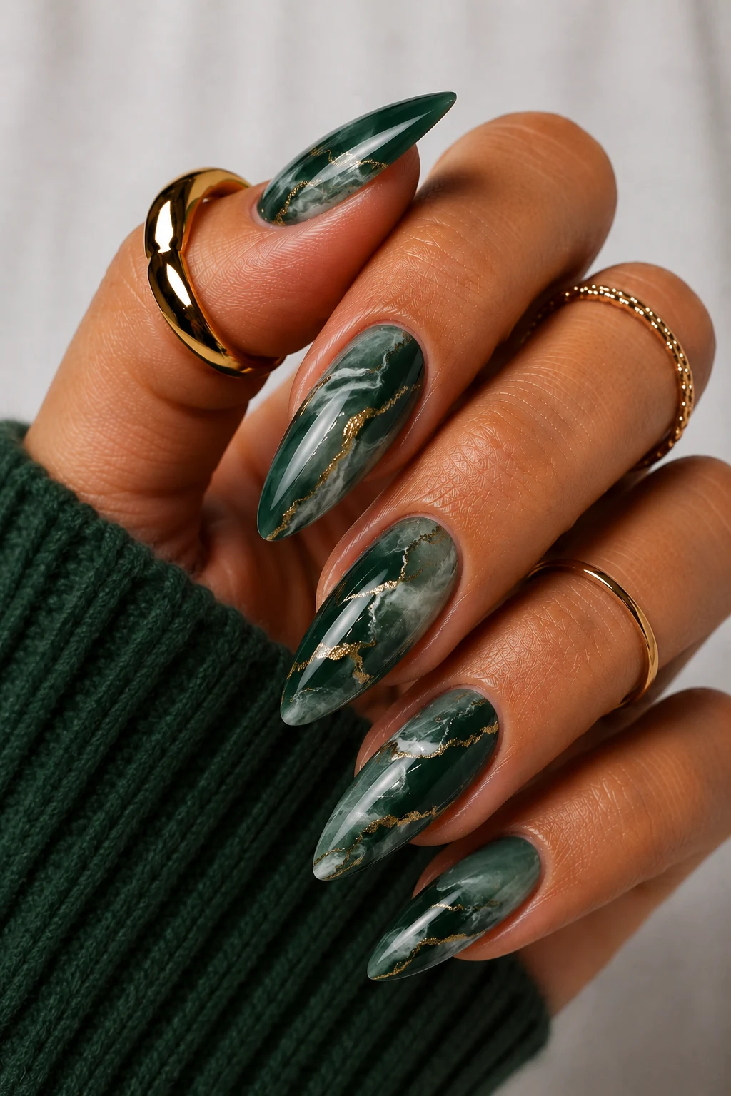 Modern Forest Green French Tips — forest green nail ideas style outfit, worn by a stylish woman