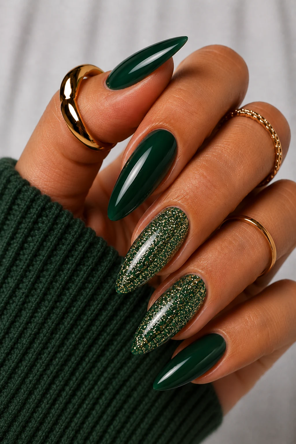 Forest Green Nail Ideas With Glitter Glam — forest green nail ideas style outfit, worn by a stylish woman