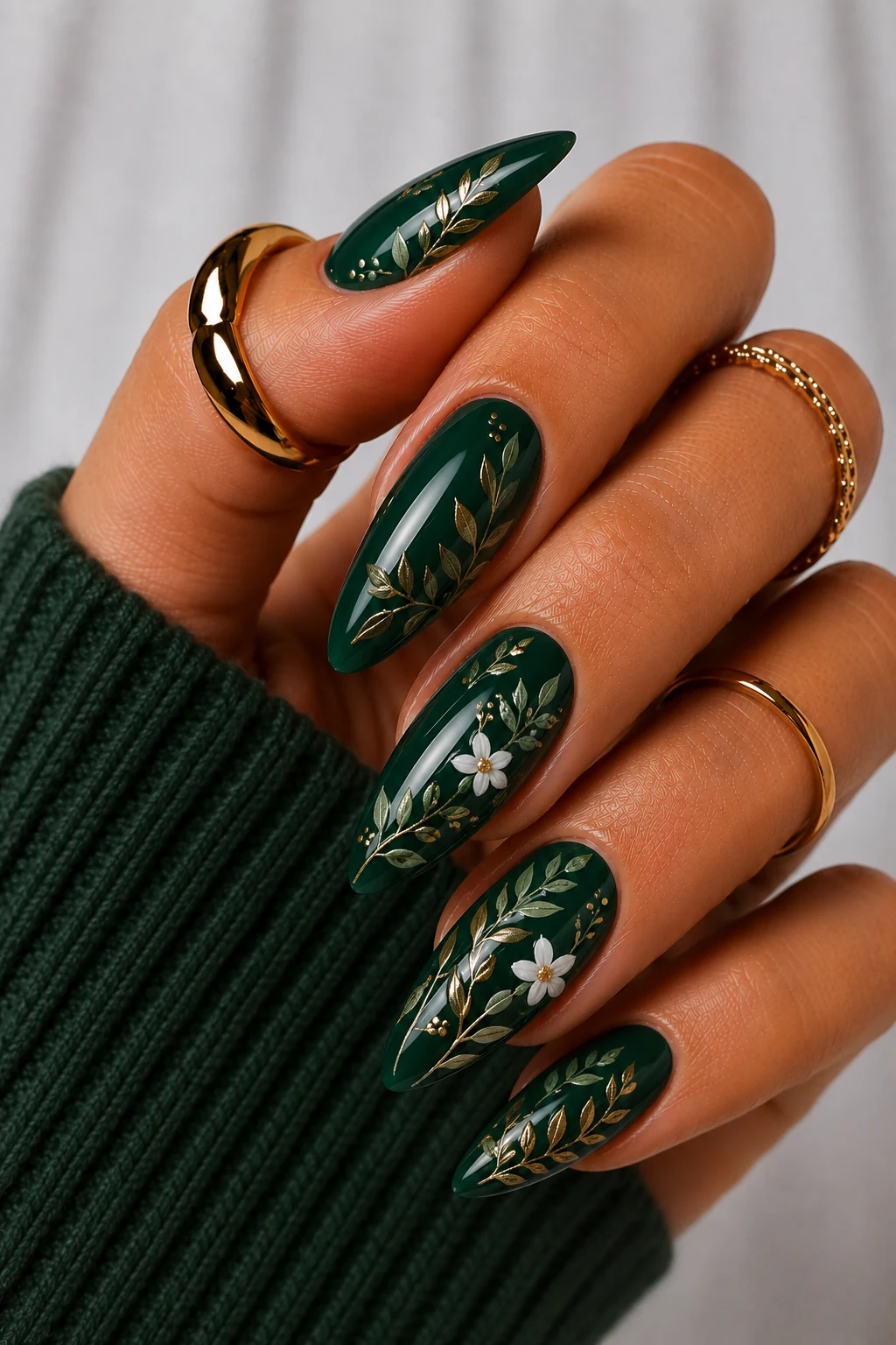 Botanical Forest Green Nail Ideas — forest green nail ideas style outfit, worn by a stylish woman