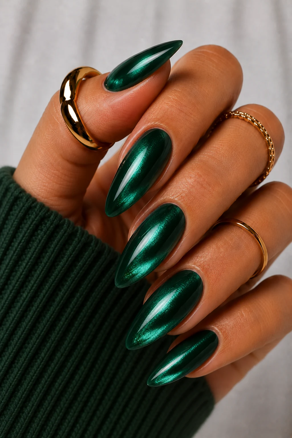 Velvet Forest Green Chrome Luxe — forest green nail ideas style outfit, worn by a stylish woman