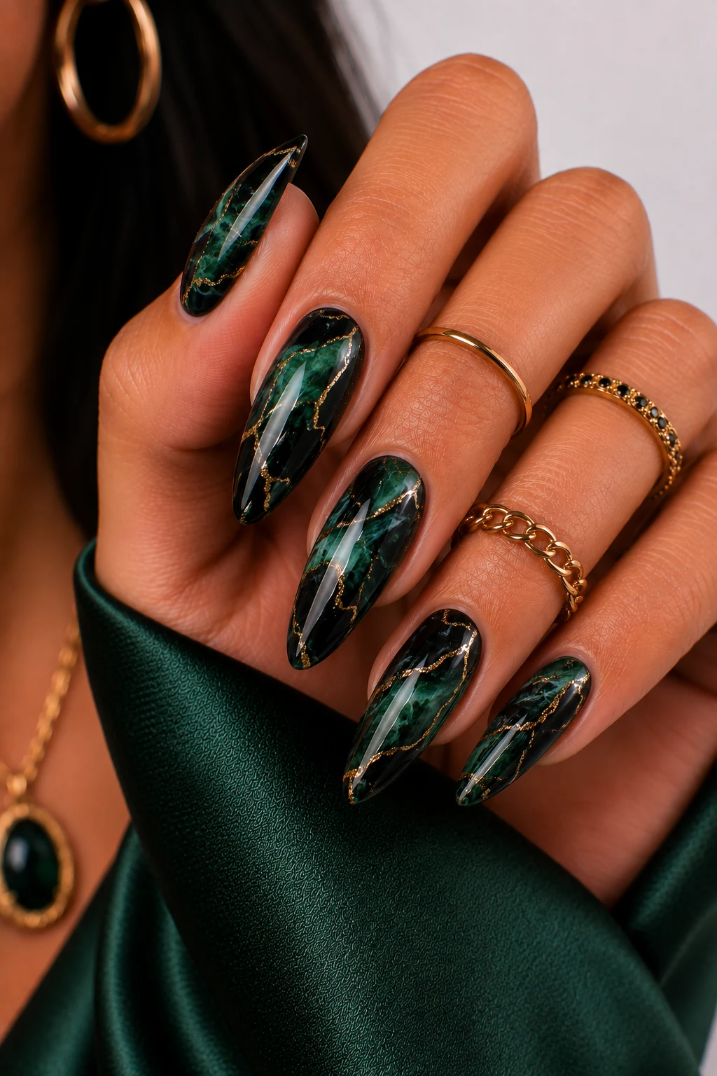 Emerald and Black Marble Magic — green and black nail ideas style outfit, worn by a stylish woman