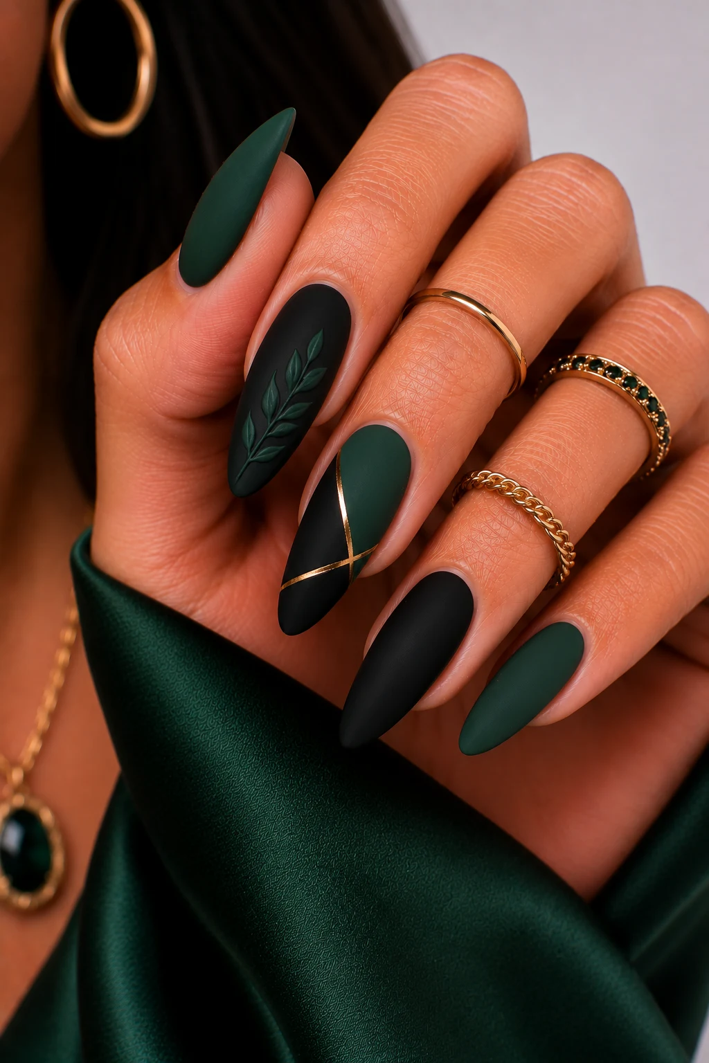 Matte Forest Green and Black Elegance — green and black nail ideas style outfit, worn by a stylish woman