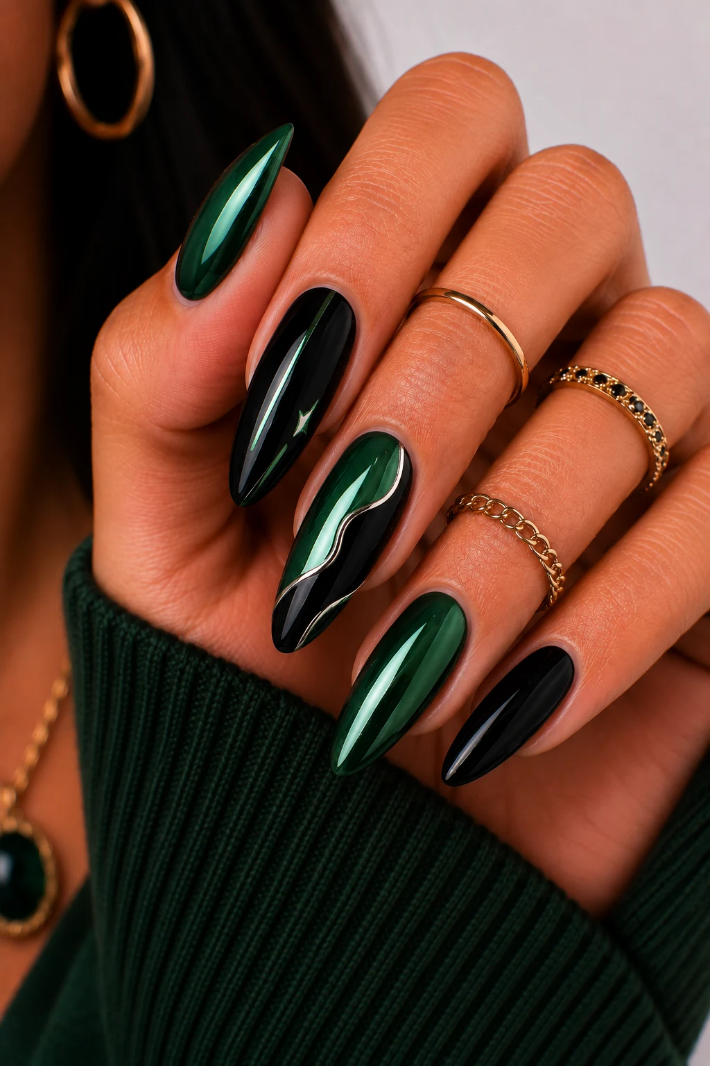 Green and Black Nail Ideas with Chrome Accents — green and black nail ideas style outfit, worn by a stylish woman