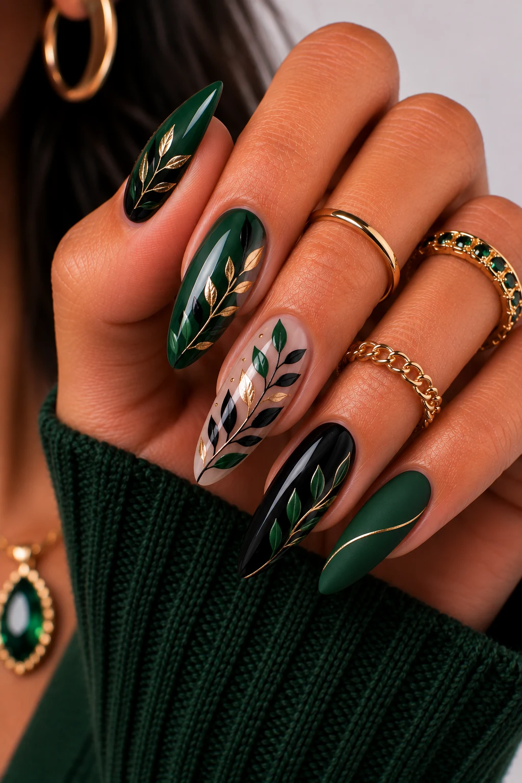 Botanical Green and Black Nail Ideas — green and black nail ideas style outfit, worn by a stylish woman
