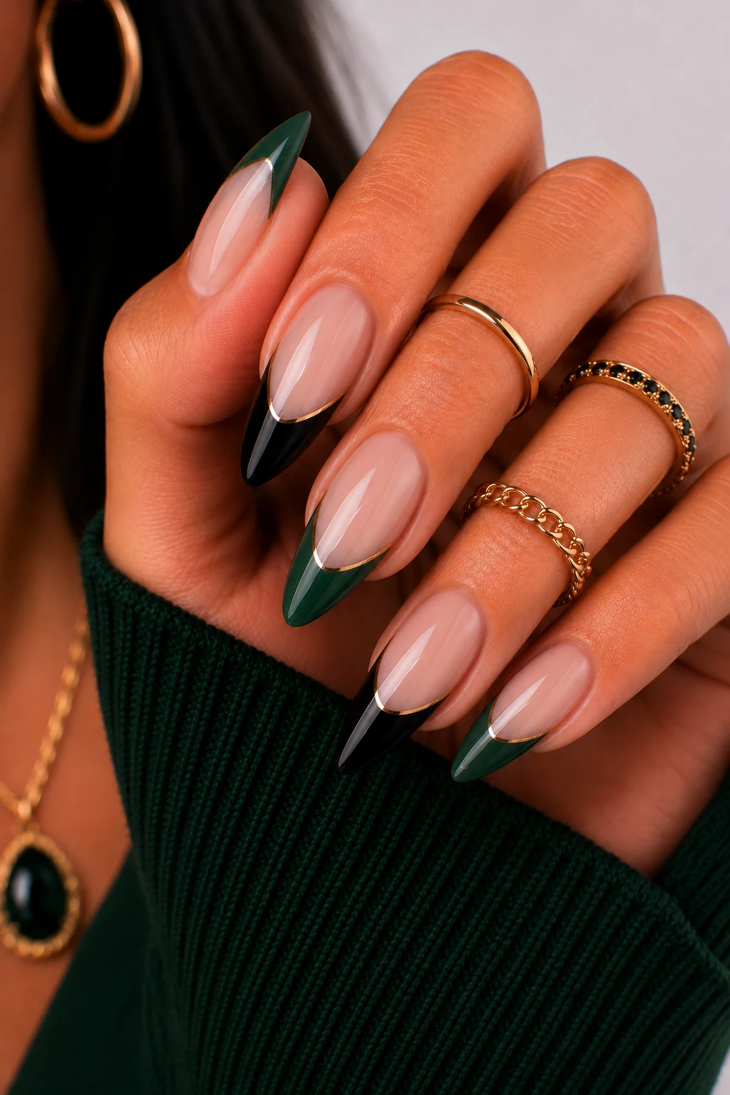 Green and Black French Tip Reinvention — green and black nail ideas style outfit, worn by a stylish woman