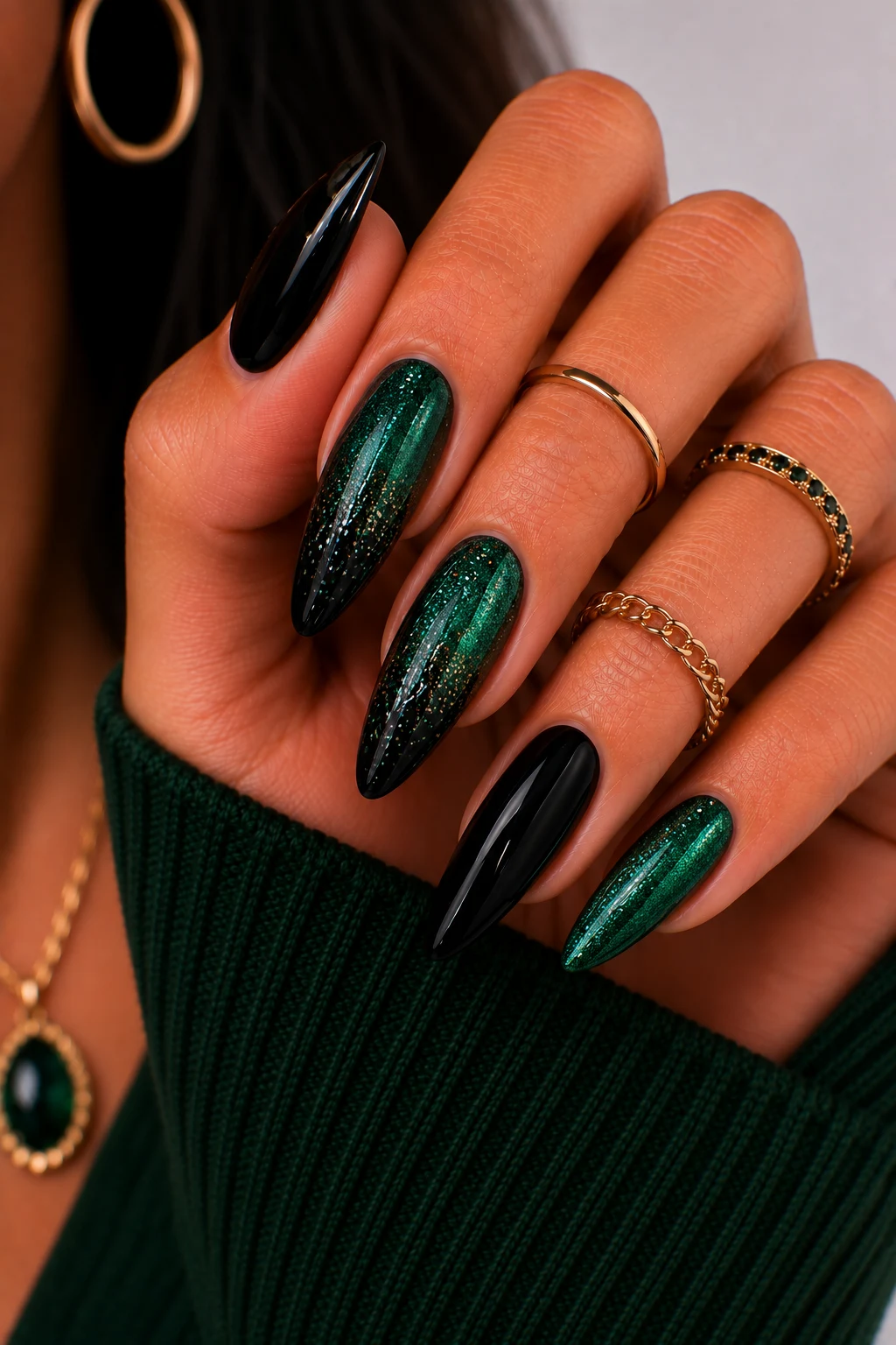 Glittering Green and Black Glam — green and black nail ideas style outfit, worn by a stylish woman
