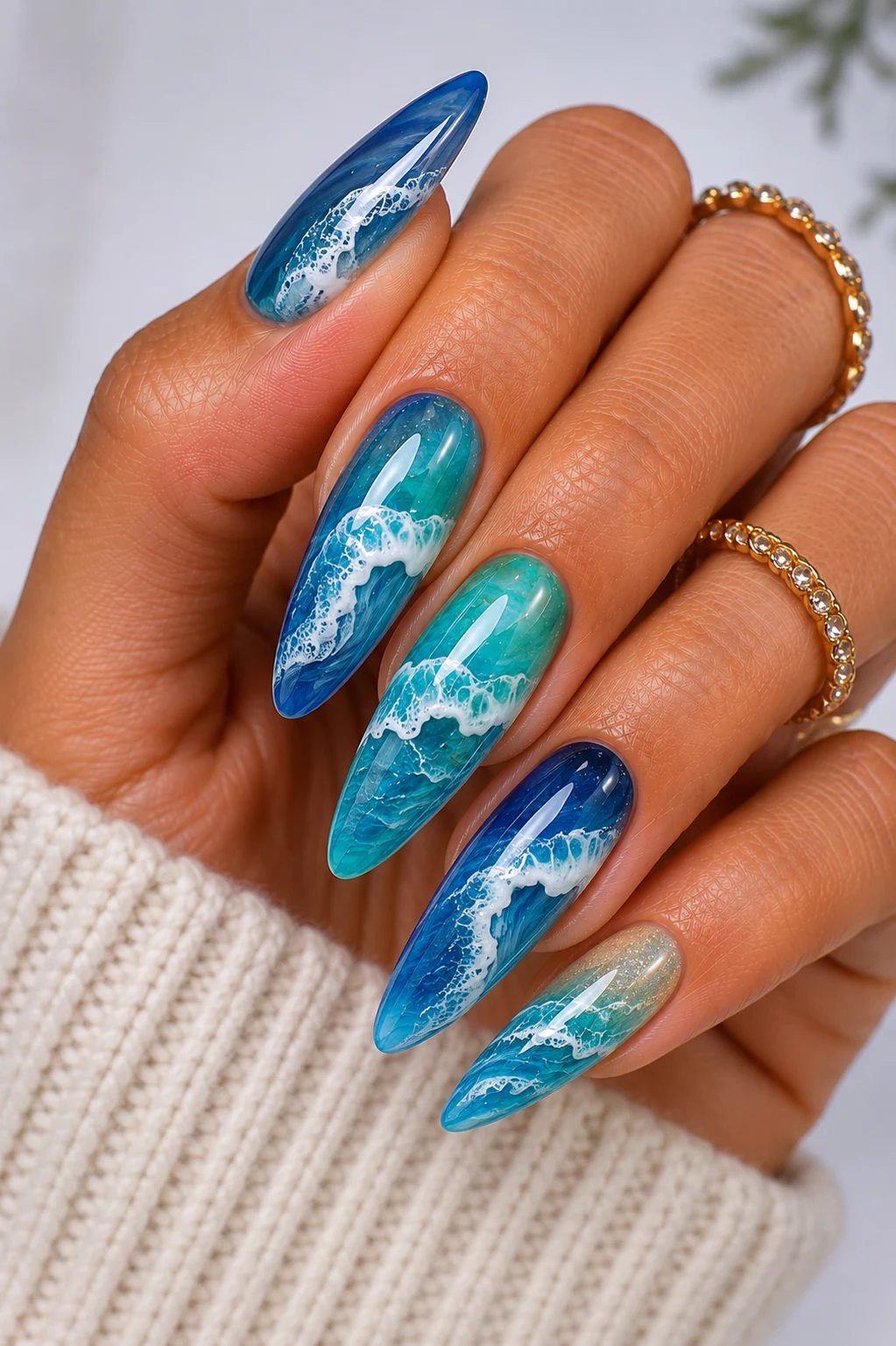Green and Blue Nail Ideas with Ocean Waves — green and blue nail ideas style outfit, worn by a stylish woman