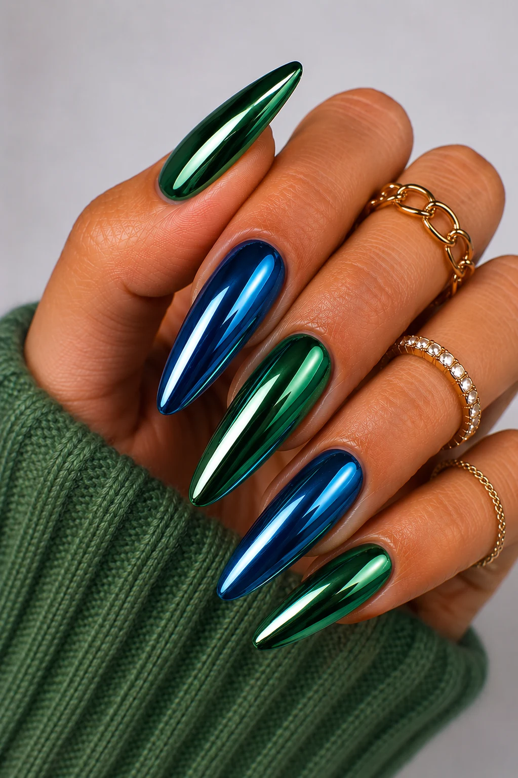 Green and Blue Nail Ideas with Chrome Accents — green and blue nail ideas style outfit, worn by a stylish woman