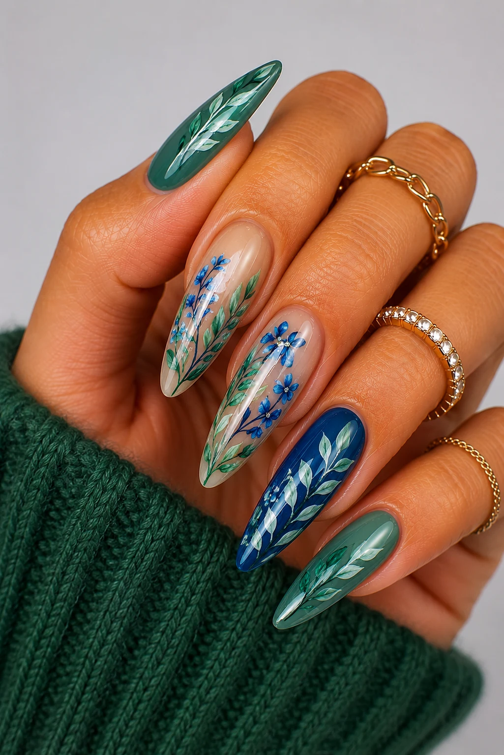 Botanical Green and Blue Nail Ideas — green and blue nail ideas style outfit, worn by a stylish woman