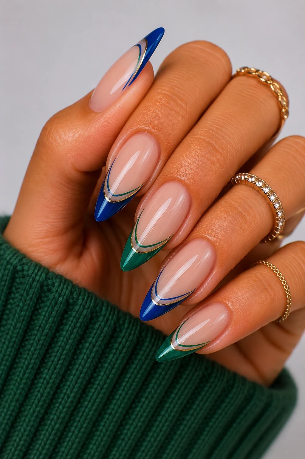 Green and Blue French Tip Reinvention — green and blue nail ideas style outfit, worn by a stylish woman