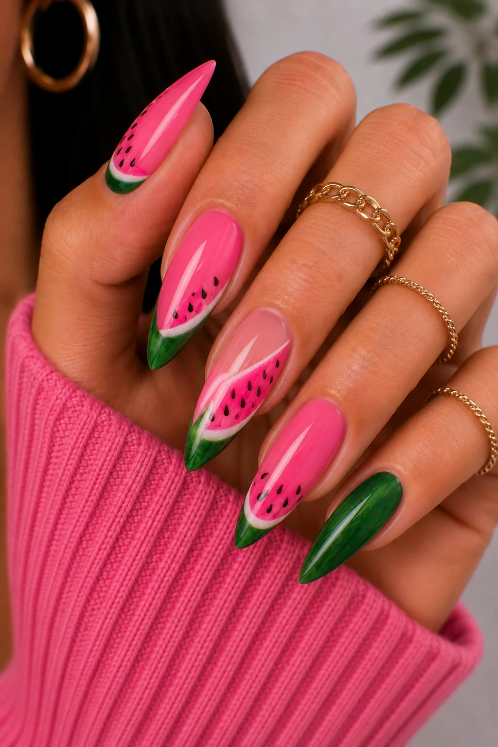 Watermelon-Inspired Summer Chic — green and pink nail ideas style outfit, worn by a stylish woman