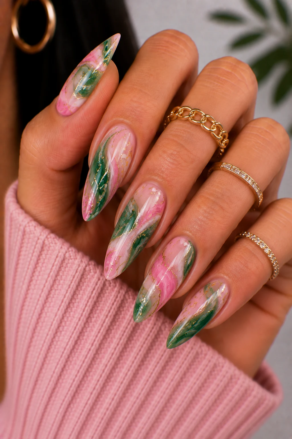 Green and Pink Nail Ideas with Marble Magic — green and pink nail ideas style outfit, worn by a stylish woman
