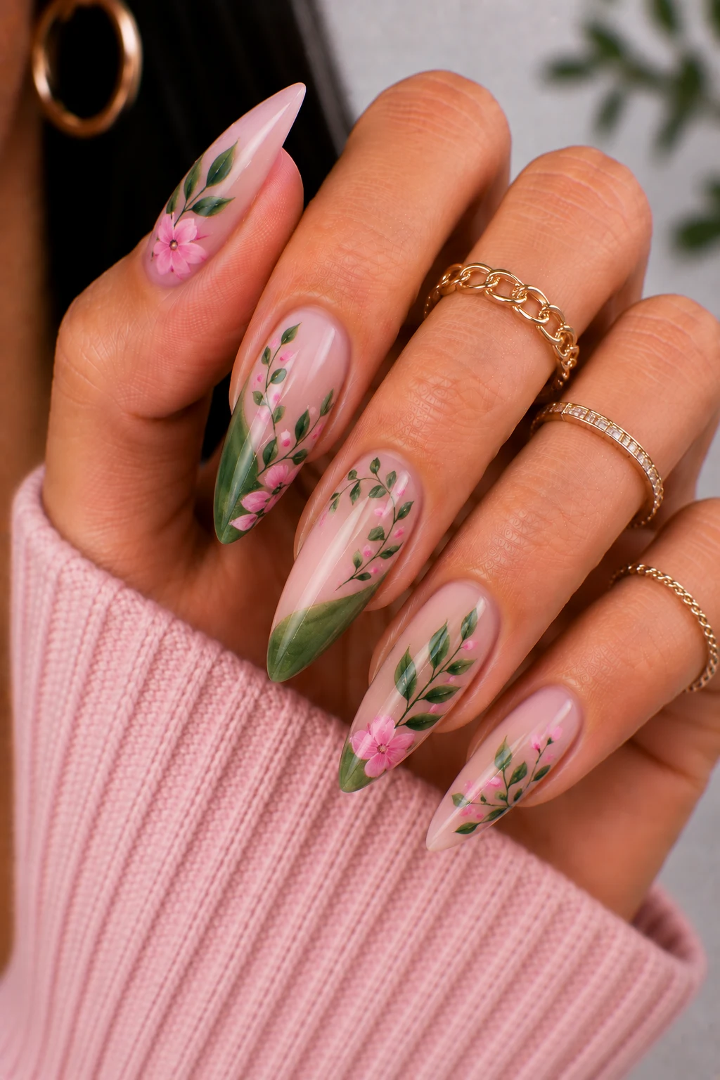 Botanical Green and Pink Nail Ideas — green and pink nail ideas style outfit, worn by a stylish woman