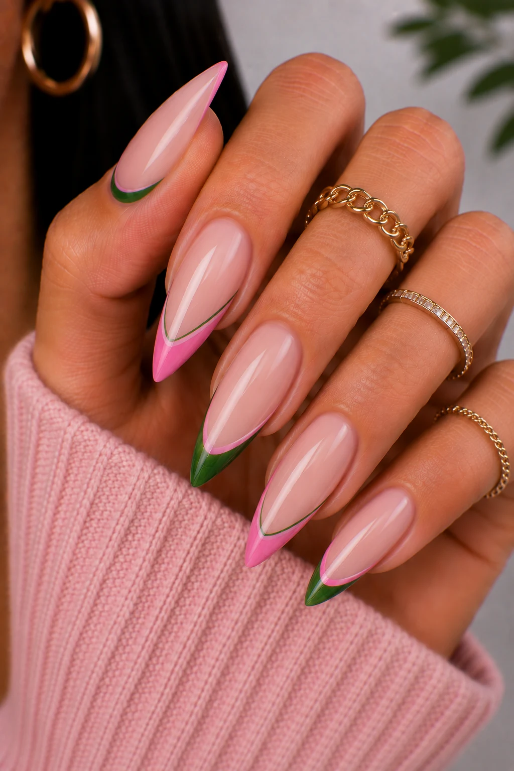 Green and Pink French Tip Reinvention — green and pink nail ideas style outfit, worn by a stylish woman