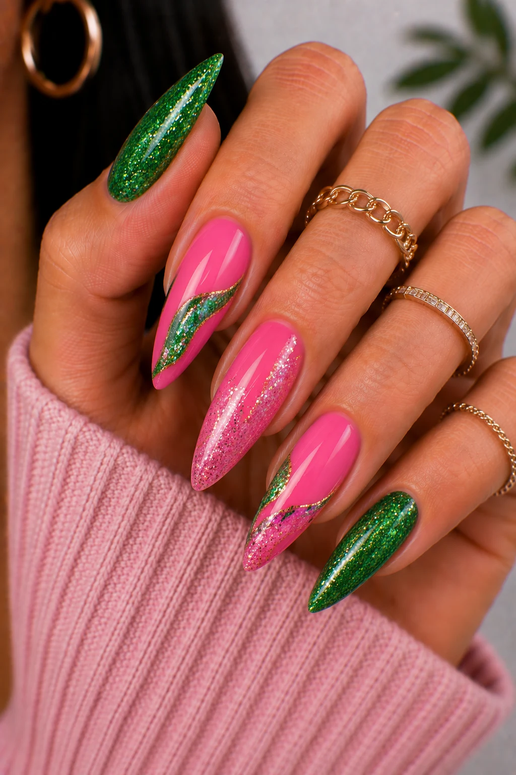 Glittering Green and Pink Glam — green and pink nail ideas style outfit, worn by a stylish woman