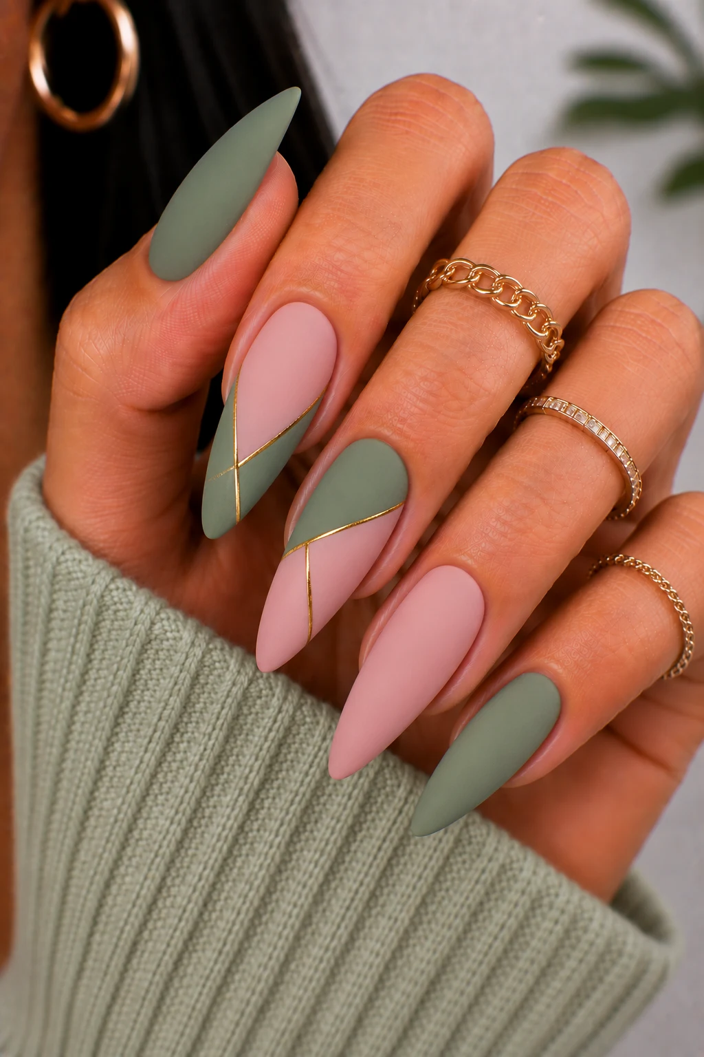 Matte Sage and Blush Elegance — green and pink nail ideas style outfit, worn by a stylish woman